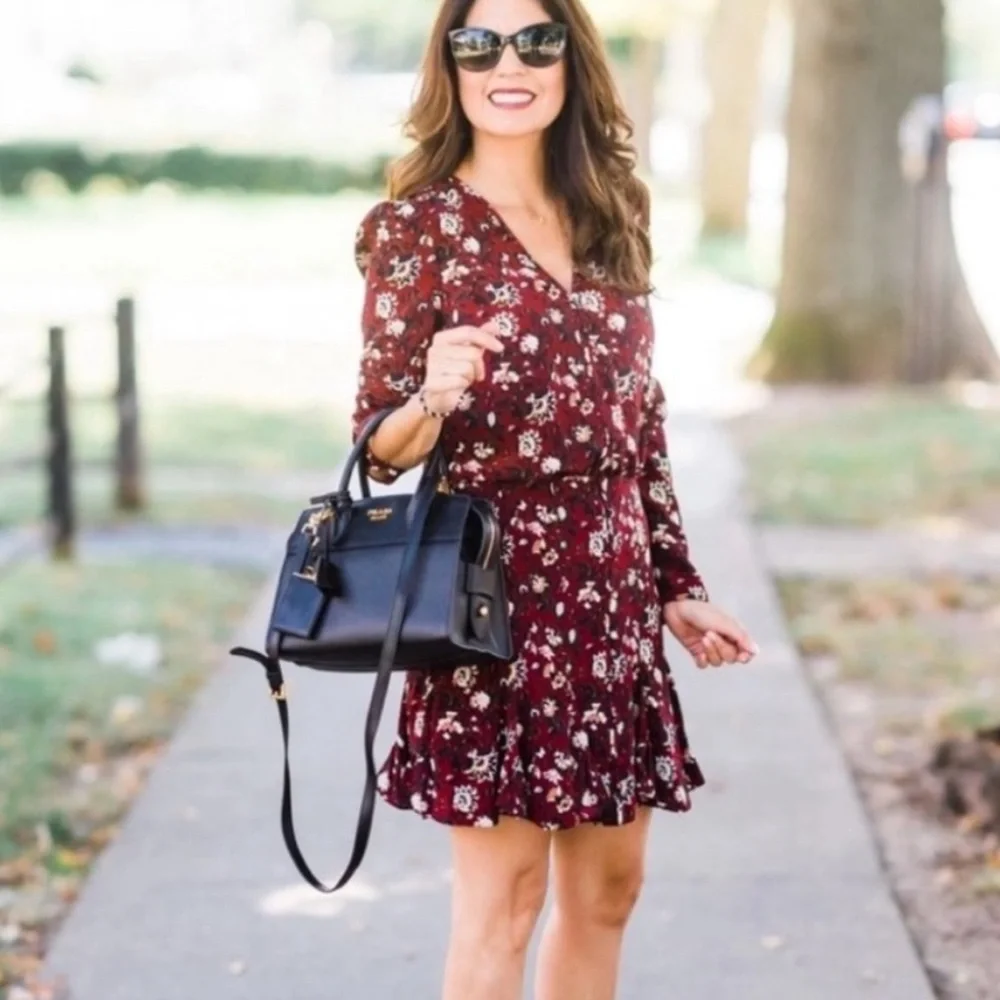 Veronica Beard Riggins Silk Floral Print Flounced Mini Dress in Bordeaux - 10